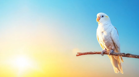 Colorful macaw perched on branch against tropical sunset backdrop. Generative AIの素材