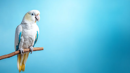 Bright tropical parrot perched on a branch with vibrant blue background. Generative AIの素材