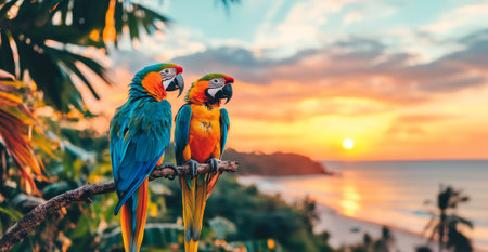 Colorful macaws enjoying a tropical sunset near the ocean in paradise. Generative AIの素材