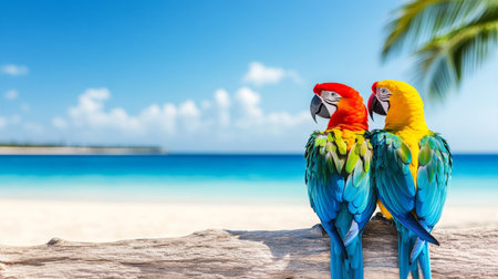 Tropical beach paradise with macaws enjoying the ocean view under palm trees. Generative AIの素材