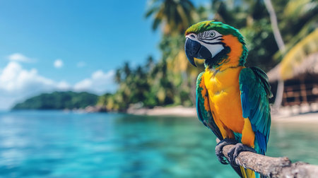 Colorful macaw perched on a branch by the tropical ocean during vacation. Generative AIの素材