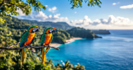 Bright macaws perched above a stunning tropical ocean landscape at sunset. Generative AIの素材