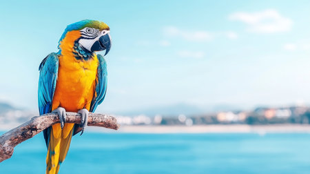 Colorful macaw perched on tree branch overlooking serene tropical ocean view. Generative AIの素材