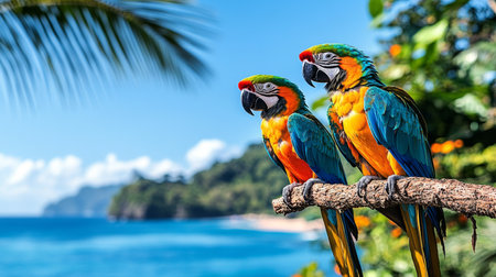 Tropical getaway with vibrant macaws perched near ocean backdrop. Generative AIの素材