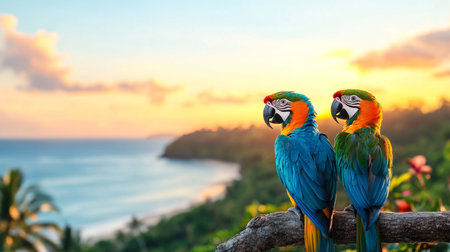 Colorful macaws enjoying a tropical sunset by the ocean. Generative AIの素材