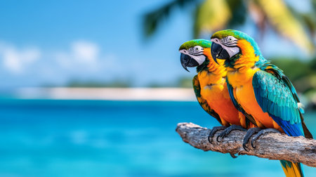 Colorful macaws perched on a branch near the ocean in a tropical paradise. Generative AIの素材