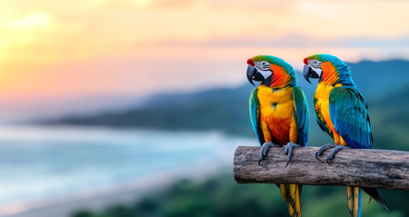 Tropical macaws perched by the ocean at sunset, vibrant colors and peaceful ambiance. Generative AIの素材