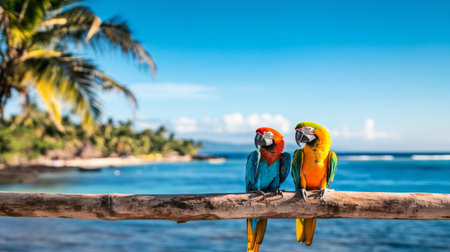 Tropical paradise with colorful macaws perched by the ocean under a clear sky. Generative AIの素材