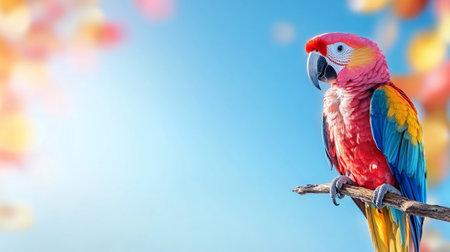Vibrant macaw perched on branch against a bright tropical sky backdrop. Generative AIの素材