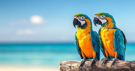 Colorful macaws perched on a log near a tropical ocean during a warm day. Generative AIの素材