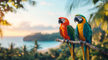 Vibrant macaws perched on a branch overlooking the tropical ocean at sunset. Generative AIの素材