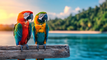 Vibrant macaws perched on a wooden rail by the tropical ocean in the sunset. Generative AIの素材