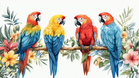 Majestic macaws perched on a vibrant branch surrounded by tropical flora. Generative AIの素材
