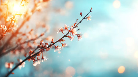 Cherry blossom branch in spring with a soft blue background and light bokeh. Generative AIの素材