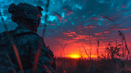 Soldier Observing a Vibrant Sunset Over a Grassy Landscape While on Duty at Dusk in a Military Operation. Generative AIの素材
