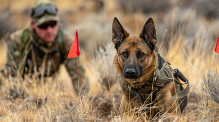 Military Working Dog Assists Handler in Detection Training Exercises on Rural Terrain During a Sunny Day. Generative AIの素材