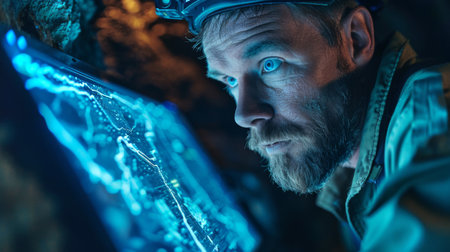 Man Engaged in a Focused Activity While Examining a Digital Map Inside a Dimly Lit Cave Environment During an Exploratory Expedition. Generative AIの素材