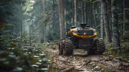 Off road Vehicle Navigates Dense Forest Trail Amidst Tall Trees and Underbrush in Early Morning Light. Generative AIの素材