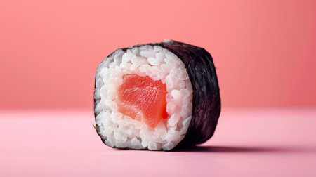 Freshly Prepared Sushi Roll With Tuna and Rice Against a Pink Background Showcasing Culinary Art and Food Presentation. Generative AIの素材