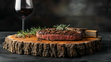 Deliciously Grilled Steak on Wooden Board With Red Wine in Elegant Glass Served in Dim Atmosphere. Generative AIの素材
