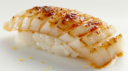 Freshly Prepared Sushi Showcases Delicate Layers of Fish on Seasoned Rice With a Hint of Glaze and Garnish for an Appealing Presentation. Generative AIの素材