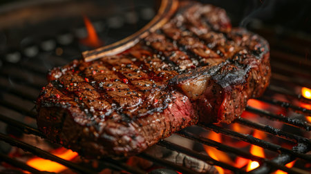 Juicy Steak Sizzles on the Grill With Flames Licking the Edges in a Backyard Cooking Session During a Summer Evening Gathering. Generative AIの素材