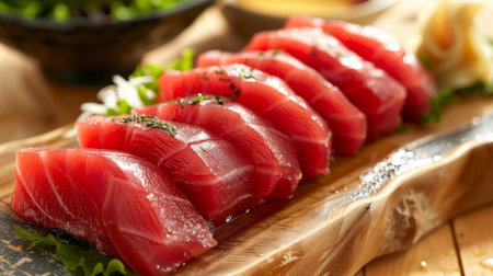 Freshly Sliced Tuna Sashimi Arranged Elegantly on a Wooden Platter With Garnishes and Sauces in a Japanese Restaurant Setting. Generative AIの素材