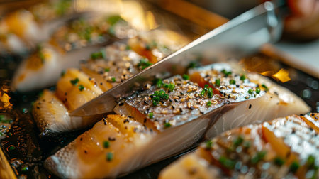 Freshly Prepared Salmon Fillet Being Sliced With Precision on a Platter at a Culinary Event in the Evening. Generative AIの素材
