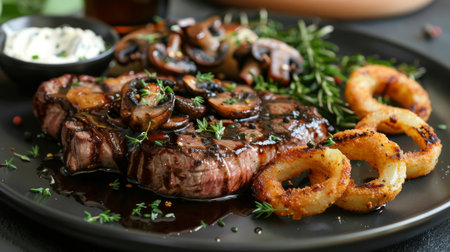 Grilled Steak Served With Sauteed Mushrooms and Crispy Onion Rings Garnished With Thyme in a Rustic Setting. Generative AIの素材
