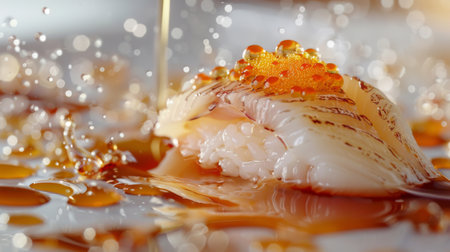 Fresh Sushi Delicacy Served on a Plate With Vibrant Fish and Appetizing Sauce in a Modern Dining Setting. Generative AIの素材