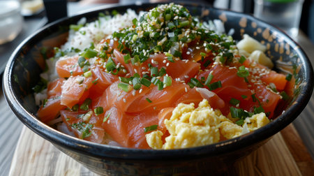 Delicious Salmon Rice Bowl With Fresh Vegetables and Garnishes Served in a Modern Restaurant Setting During Lunchtime. Generative AIの素材