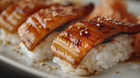 Delicious Pieces of Glistening Grilled Eel Resting on Perfectly Shaped Sushi Rice Arranged on a White Plate. Generative AIの素材