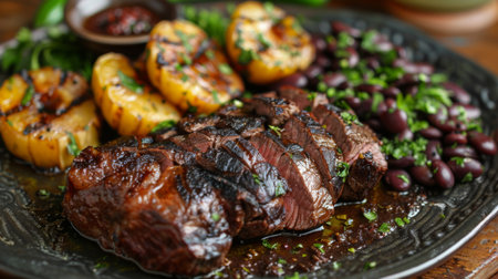 Juicy Grilled Steak With Flavorful Sides Served on a Rustic Platter in a Cozy Setting During a Summer Gathering. Generative AIの素材