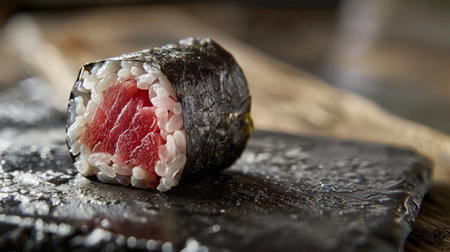Delicious Sushi Roll Featuring Fresh Tuna Wrapped in Seaweed Served on a Dark Stone Plate at a Contemporary Restaurant. Generative AIの素材