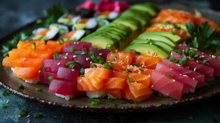 Delicious Assortment of Sushi Featuring Vibrant Fish, Fresh Vegetables, and Expertly Rolled Rice at a Dinner Gathering. Generative AIの素材