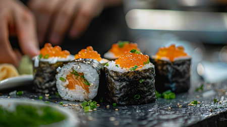 Sushi Rolls Prepared With Salmon and Tobiko on a Dark Stone Surface by a Chef in a Kitchen Setting. Generative AIの素材