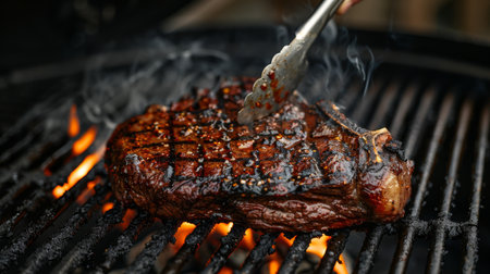 Grilling a Perfectly Marbled Steak With Char Marks and Flames at a Backyard Barbecue During Summer Evening Hours. Generative AIの素材