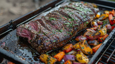 Grilling a Seasoned Beef Steak Alongside Colorful Roasted Vegetables on an Outdoor Barbecue in a Warm, Sunny Setting at Dusk. Generative AIの素材