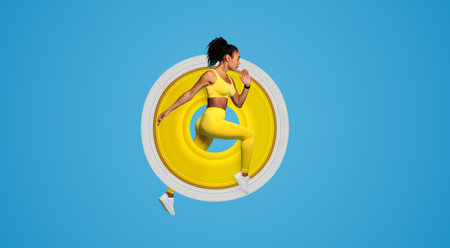 Dynamic woman athlete running mid-air on blue backgroundの写真素材