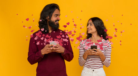 Couple celebrating love with heart-themed messages on Valentines Dayの写真素材