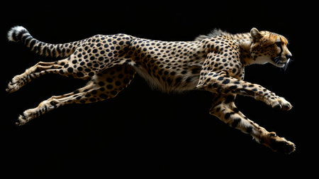 Cheetah in Mid Air, Showcasing Incredible Speed and Agility Against a Dark Background During a Dynamic Motion Display. Generative AIの素材