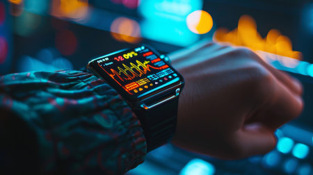 Smartwatch Displays Heart Rate and Health Metrics in Vibrant Colors During a Nighttime Analysis at a Tech Event. Generative AIの素材