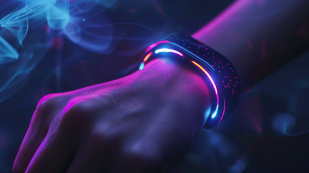 Colorful Glowing Bracelet Seen on Hand in Vibrant Atmosphere With Smoke in Background During Evening Hours. Generative AIの素材