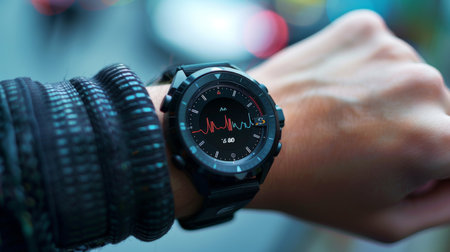 Smartwatch Displays Heart Rate Monitor While Individual Checks Fitness Data in Outdoor Urban Environment During Daytime. Generative AIの素材