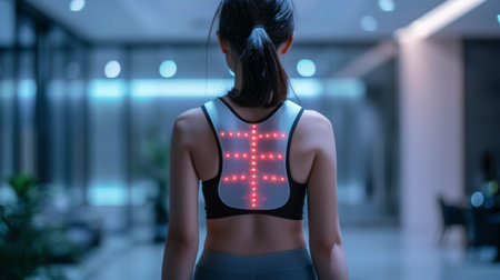 Innovative Fitness Apparel With LED Technology Showcased Indoors in a Modern Gym Setting During Evening Hours. Generative AIの素材