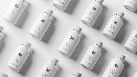 White Cosmetic Bottles Arranged in a Grid Pattern, Showcasing Modern Packaging Design Perfect for Skincare Products Displayed in a Minimalist Studio Setting. Generative AIの素材