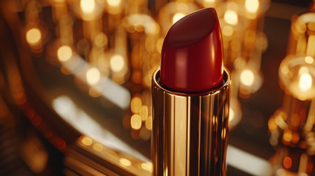 Luxurious Red Lipstick Displayed Elegantly Against a Backdrop of Warm, Ambient Lighting in a Sophisticated Setting, Highlighting Its Glossy Finish and Lavish Packaging. Generative AIの素材