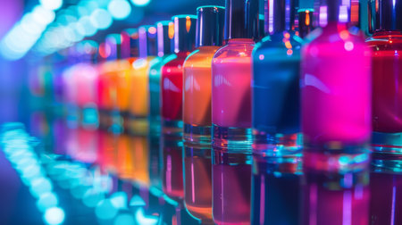 Colorful Array of Nail Polish Bottles Lined up on a Reflective Surface in a Vibrant Setting During an Evening Event. Generative AIの素材