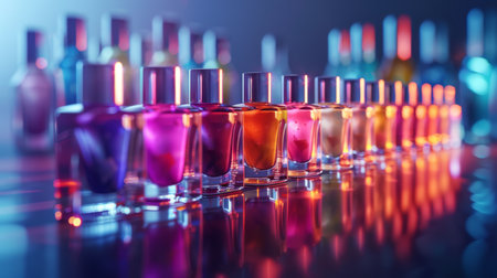Colorful Nail Polish Bottles Lined up on a Reflective Surface in a Vibrant, Illuminated Display Showcasing Various Shades and Hues. Generative AIの素材