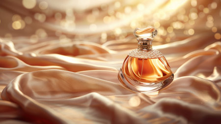 Elegant Perfume Bottle Resting on Silky Fabric Illuminated by Soft Golden Light in a Serene and Luxurious Setting. Generative AIの素材